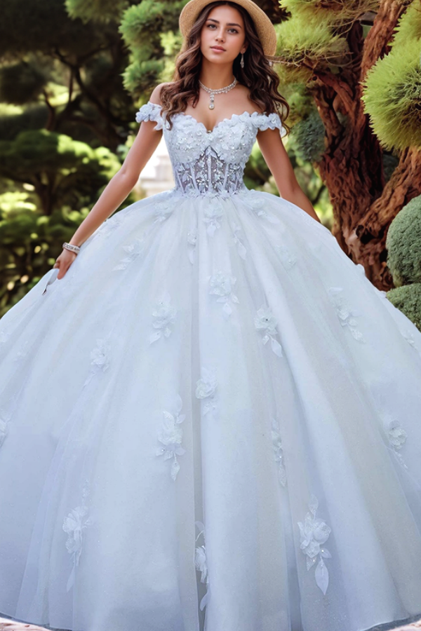 Purely Ball Gown Off Shoulder Sleeveless Beaded 3D Flower Appliques Lace Up Bow Knot White Tulle Quinceanera Dress Formal Evening Party Gown for Sweet 16
