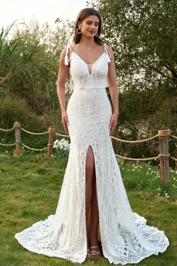 Elegant Mermaid Low V Neck Spaghetti Straps Sleeveless Bohemian Wedding Dress Fully Lace Open Back High Side Slit Court Train Bridal Gown
