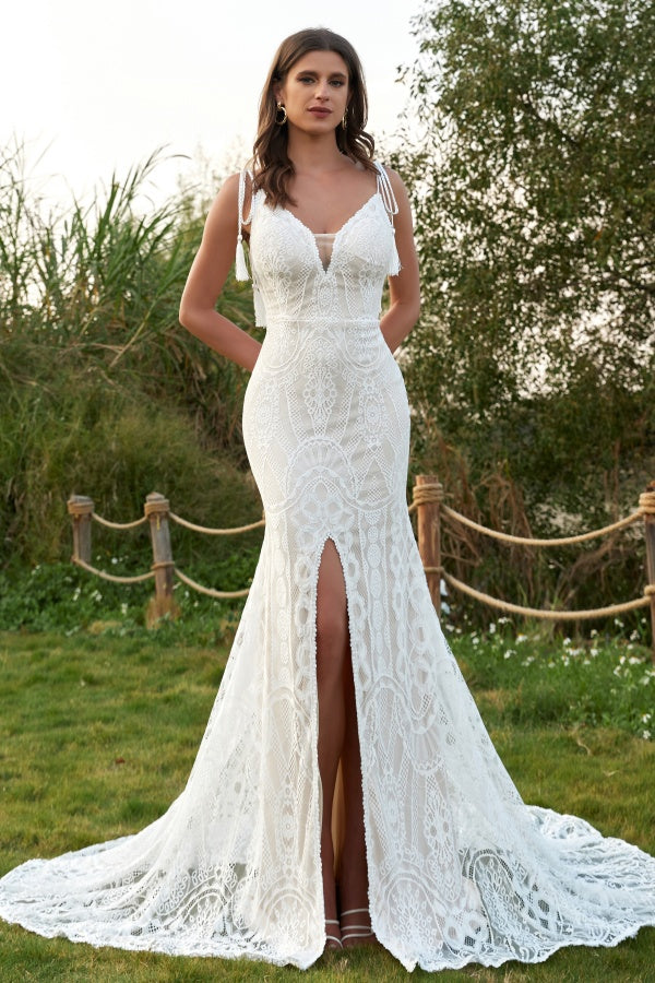 Elegant Mermaid Low V Neck Spaghetti Straps Sleeveless Bohemian Wedding Dress Fully Lace Open Back High Side Slit Court Train Bridal Gown