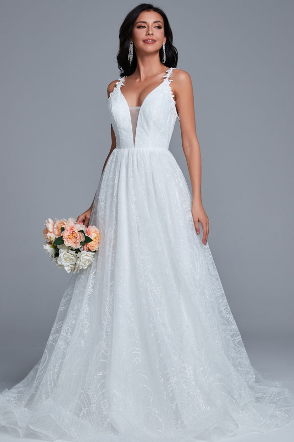 Glamorous & Glitter A-Line Low V Neck Spaghetti Straps Appliques Tulle Wedding Dress Lace Up Floor Length Bride Gown
