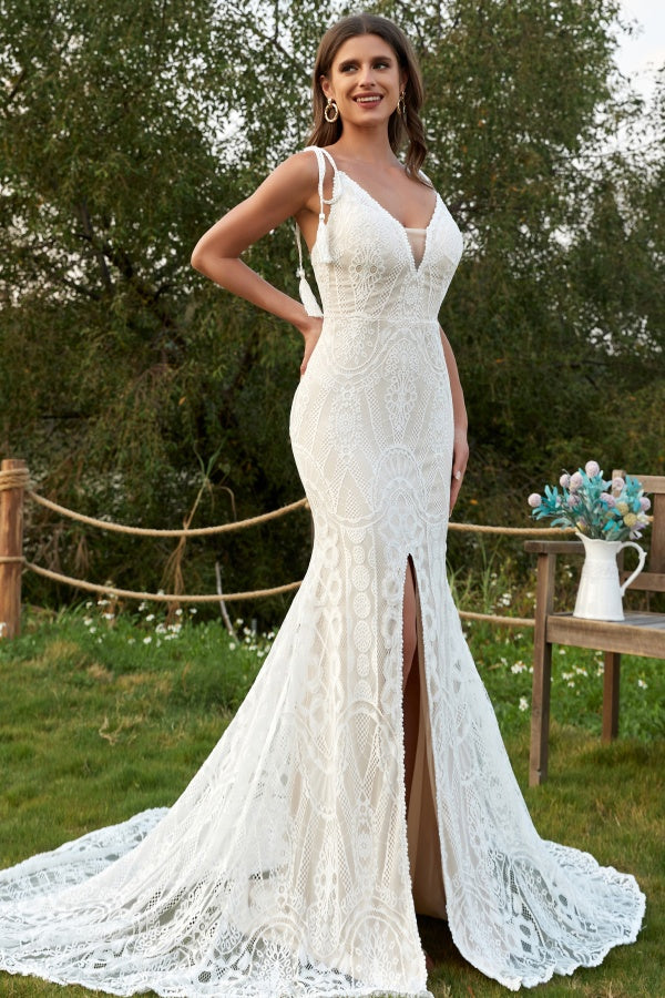 Elegant Mermaid Low V Neck Spaghetti Straps Sleeveless Bohemian Wedding Dress Fully Lace Open Back High Side Slit Court Train Bridal Gown