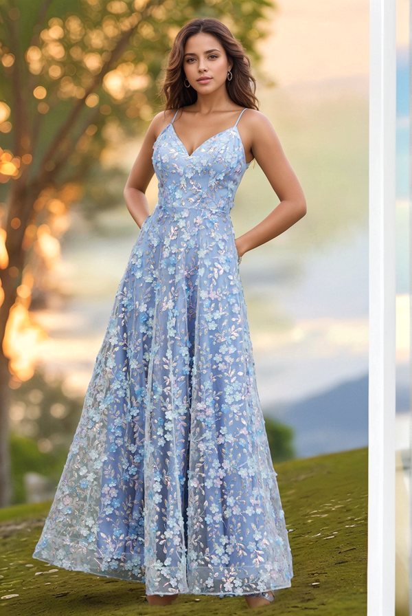 Casual & Cute Sky Blue A-Line Strapless Spaghetti Straps Sleeveless Prom Dresses Party Dress 3D Flower Tulle High Side Slit Open Back Evening Formal Dress Wedding Guest Dress