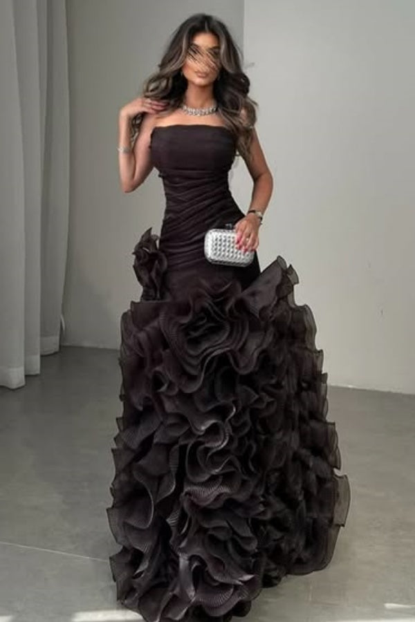 Chic & Modern Mermaid Strapless Sleeveless Tulle Tiered Prom Dresses Party Dress Black Floor Length Formal Evening Dress Cocktail Dress