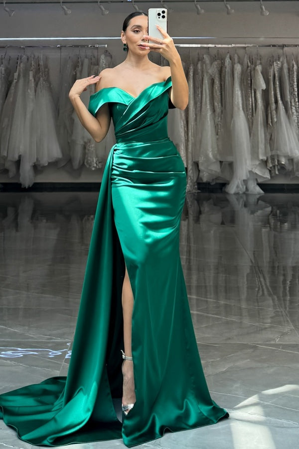 Simple & Elegant Sheath Off Shoulder Sleeveless Evening Formal Gown Dark Green Back Zipper Pleated High Side Slit and Train Prom Dresses Party Dress