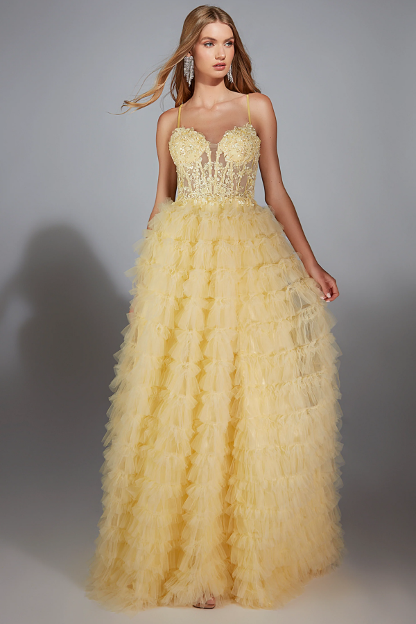 Chic & Modern A-Line Strapless Spaghetti Straps Sleeveless Yellow Appliques Tulle Tiered Prom Dresses Party Dress Floor Length High Side Slit Back Zipper Evening Dress Formal Cocktail Dress