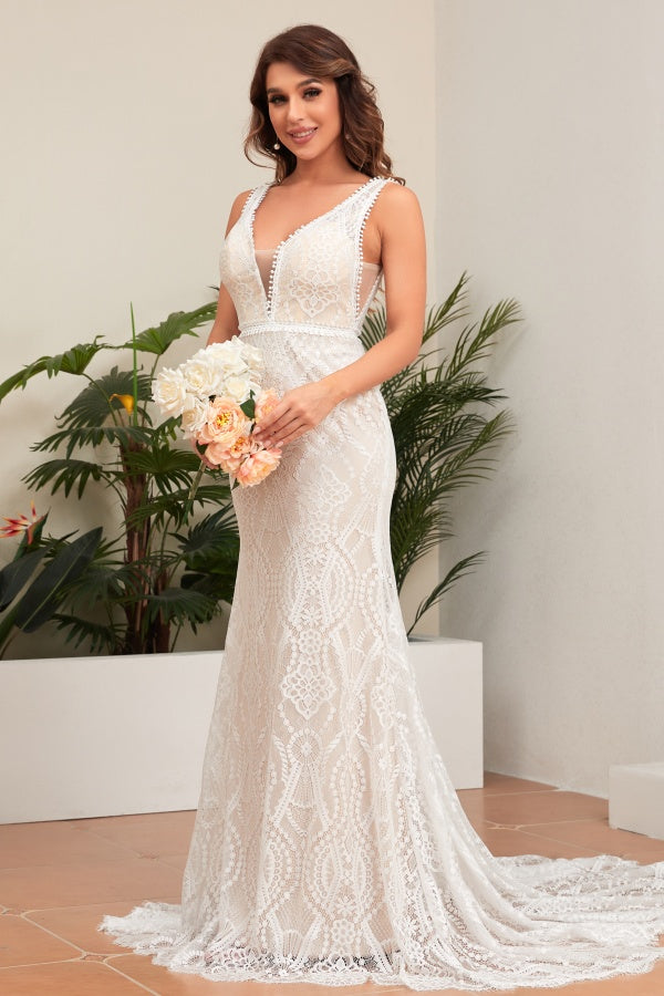 Chic & Modern Mermaid Low V Neck Straps Sleeveless Fully Lace Boho Wedding Dress Open Back Court Train Beach Bride Gown