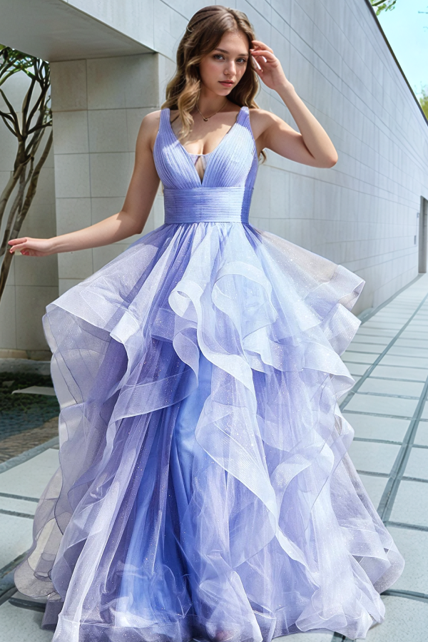 Glamorous & Sparkle A-Line V Neck Straps Sleeveless Pleated Tulle Tiered Formal Prom Dresses Dress V Back Floor Length Evening Party Dress