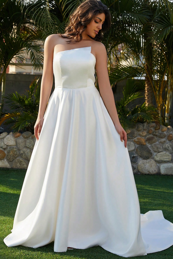 Elegant & Simple A-Line Strapless Sleeveless Lace Up Court Train Satin Wedding Dress Bride Gown