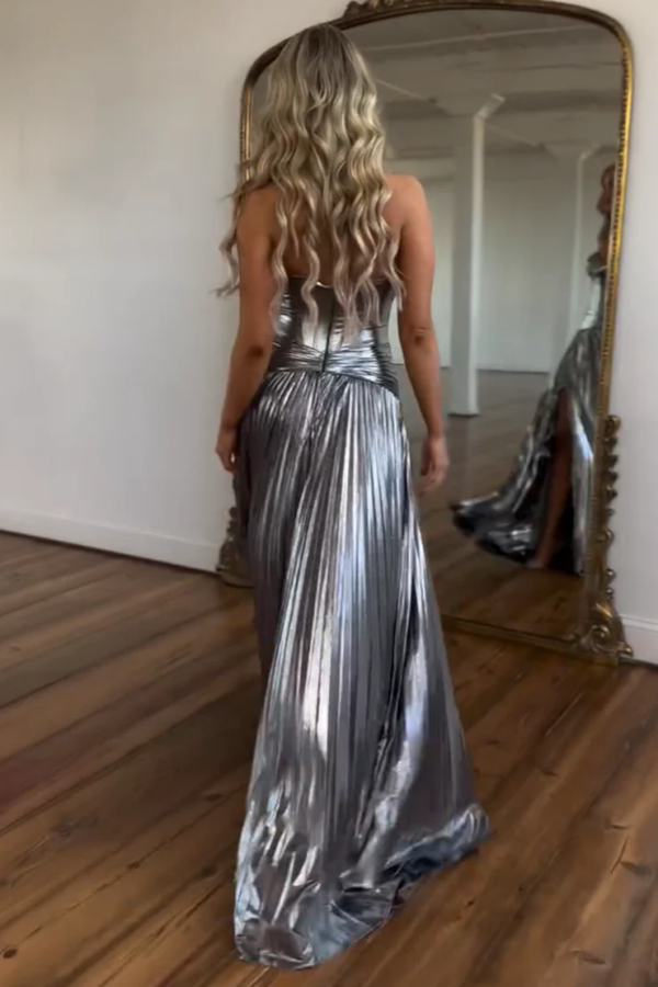 Casual & Simple A-Line Strapless Sleeveless Pleated Prom Dresses Party Dress Floor Length High Side Slit Evening Dress