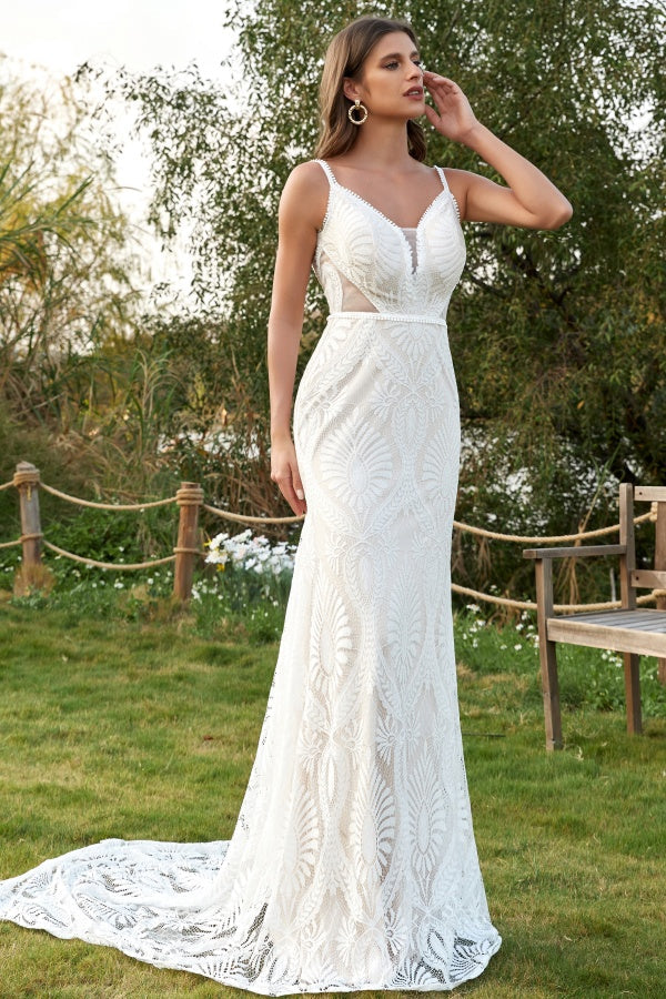 Gorgeous Mermaid V Neck Spaghetti Straps Sleeveless Fully Lace Bohemian Wedding Dress V Back Open Back Floor Length Court Train Bridal Gown