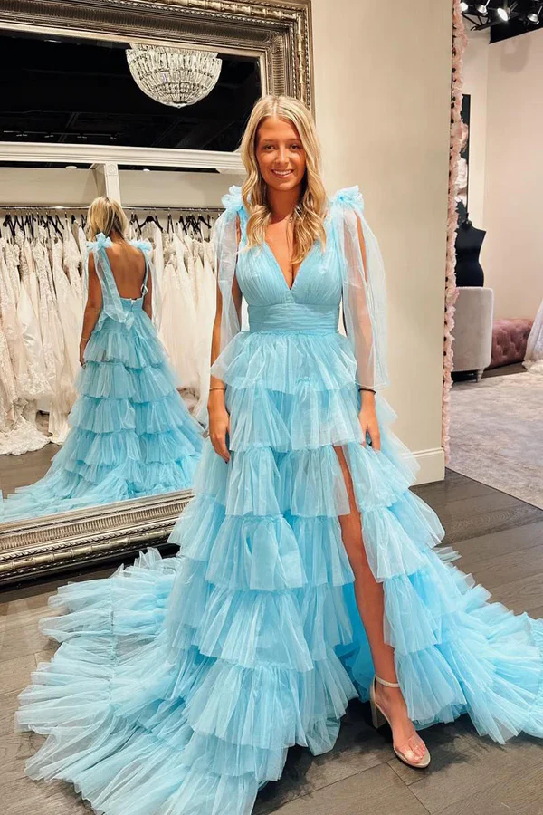 Elegant & Classic A-Line V Neck Straps Sleeveless Open Back Tiered Floor Length Sky Blue Prom Dresses Dress with High Side Slit and Train
