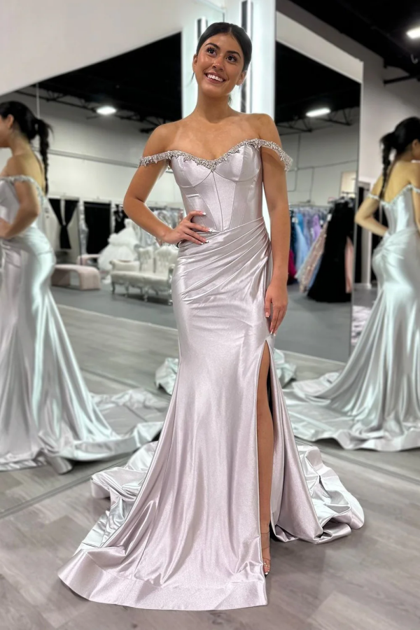 Casual & Simple Sheath Off Shoulder Sleeveless Crystal Beaded Pleated Side Slit and Train Floor Length Prom Dresses Party Dress Semi-Formal Evening Dress