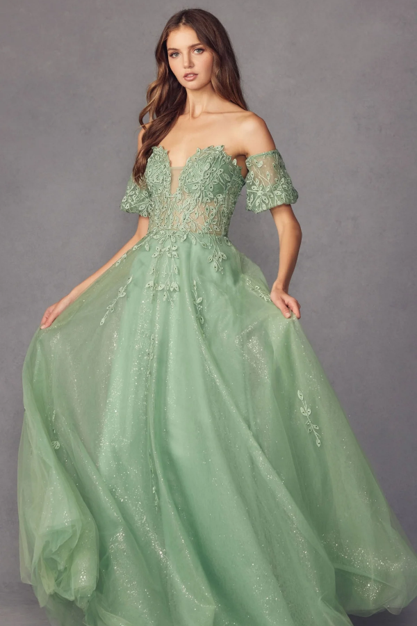 A-Line Off Shoulder Short Lantern Sleeves Appliques Prom Dresses Party Dress Glitter Tulle Formal Evening Dress Wedding Guest Gown