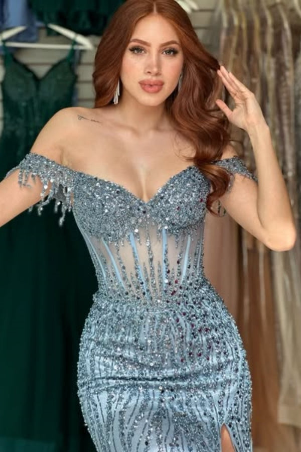 Luxury & Gorgeous Sheath Off Shoulder Sleeveless Fully Sequins Prom Dresses Party Dress Tule Pleated Floor Length High Side Slit and Train Evening Gown Cocktail Dress