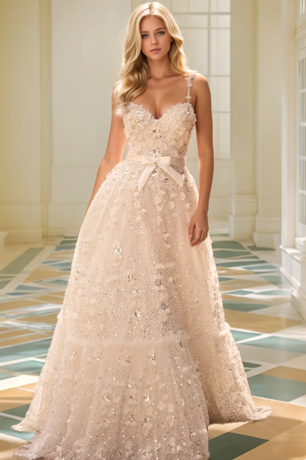 Luxury A-Line Sweetheart Neck Spaghetti Straps Sleeveless Fully 3D Flowers Lace Appliques Prom Dresses Party Gown Evening Formal Dress