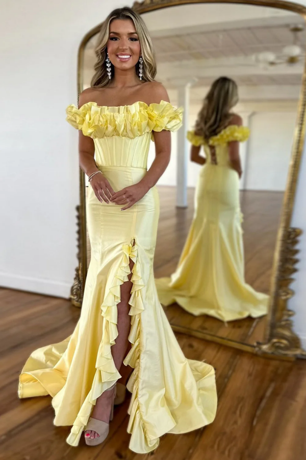 Gorgeous & Elegant Sheath Off Shoulder Sleeveless Ruched Closet Ruffles Floor Length Party Dress Prom Dresses Dress Evening Gown with High Side Slit and Train