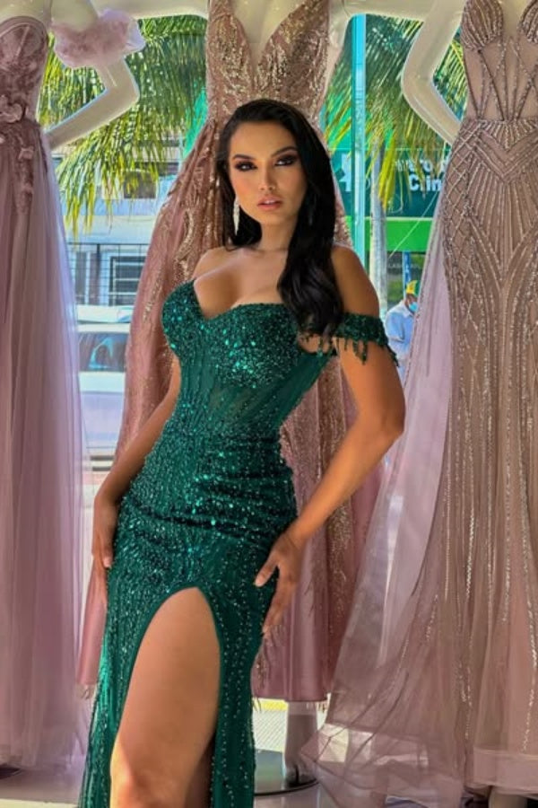 Luxury & Gorgeous Sheath Off Shoulder Sleeveless Fully Sequins Prom Dresses Party Dress Tule Pleated Floor Length High Side Slit and Train Evening Gown Cocktail Dress