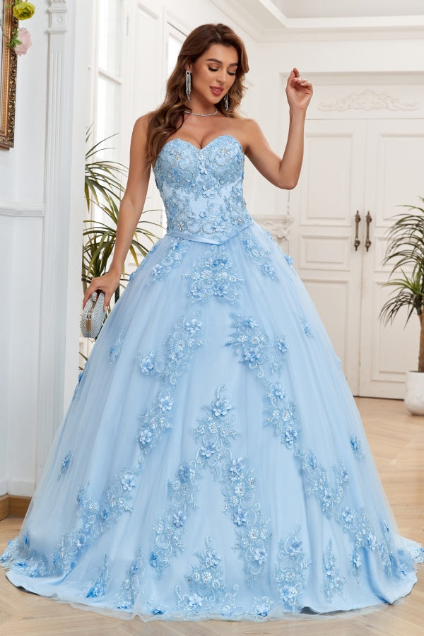 Chic & Modern Ball Gown Strapless Sleeveless Flower Appliques Lace Up Baby Blue Tulle Formal Evening Party Gown Quinceanera Dress for Sweet 16
