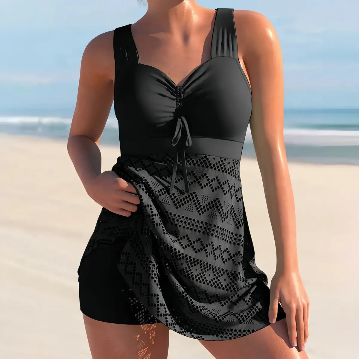 Solid Lace Backless Swimdress