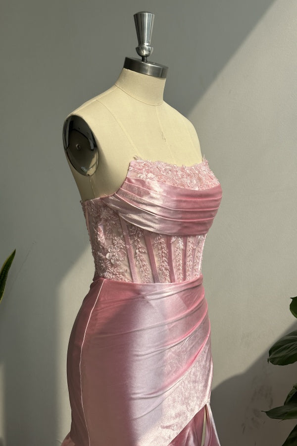 Chic & Modern Sheath Strapless Sleeveless Pleated Appliques Satin Tiered High Side Slit and Train Floor Length Party Dress Prom Dresses Dress Eveing Gown