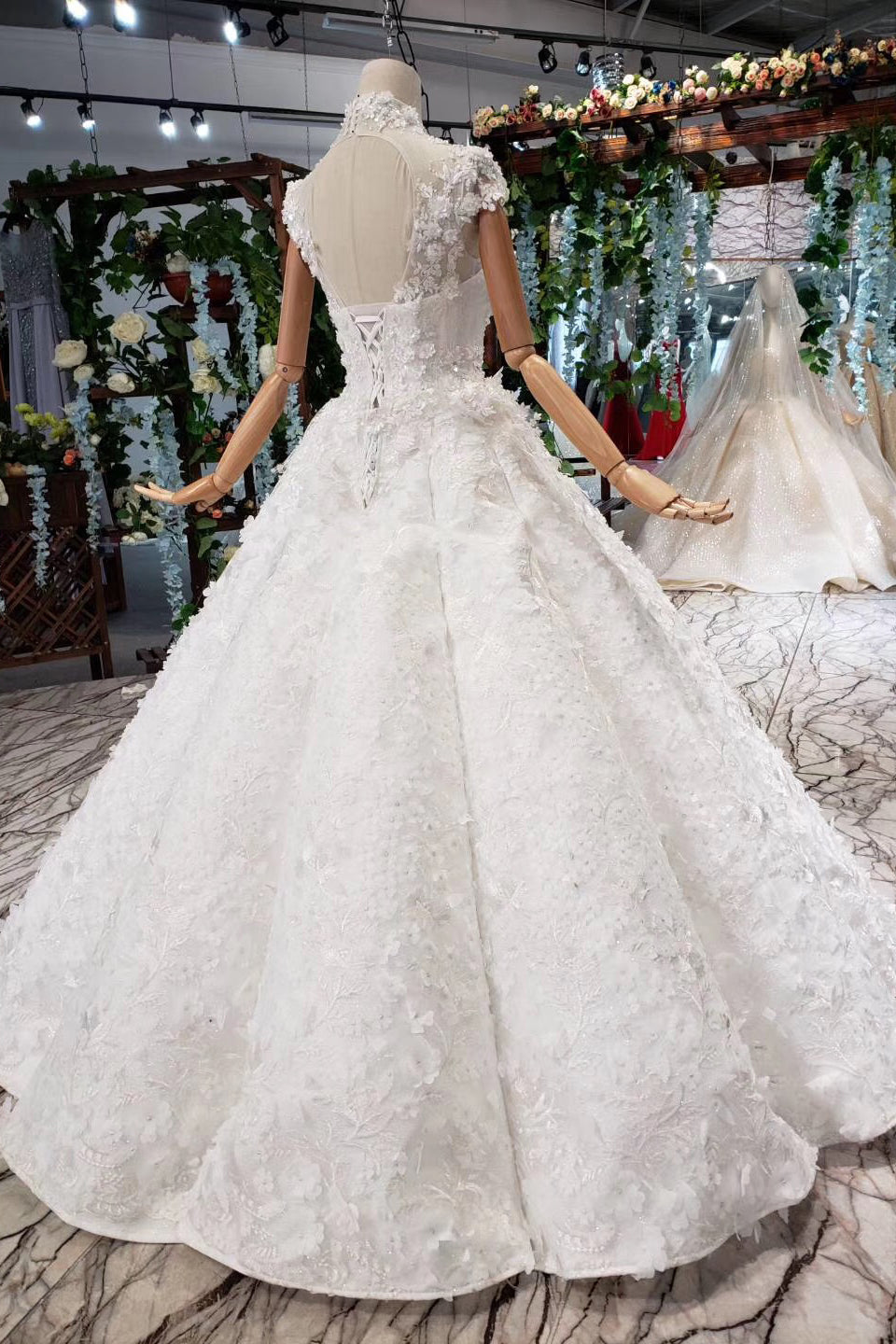 Gorgeous High Neck Ball Gown Cap Sleeves Wedding Dresses with Beading