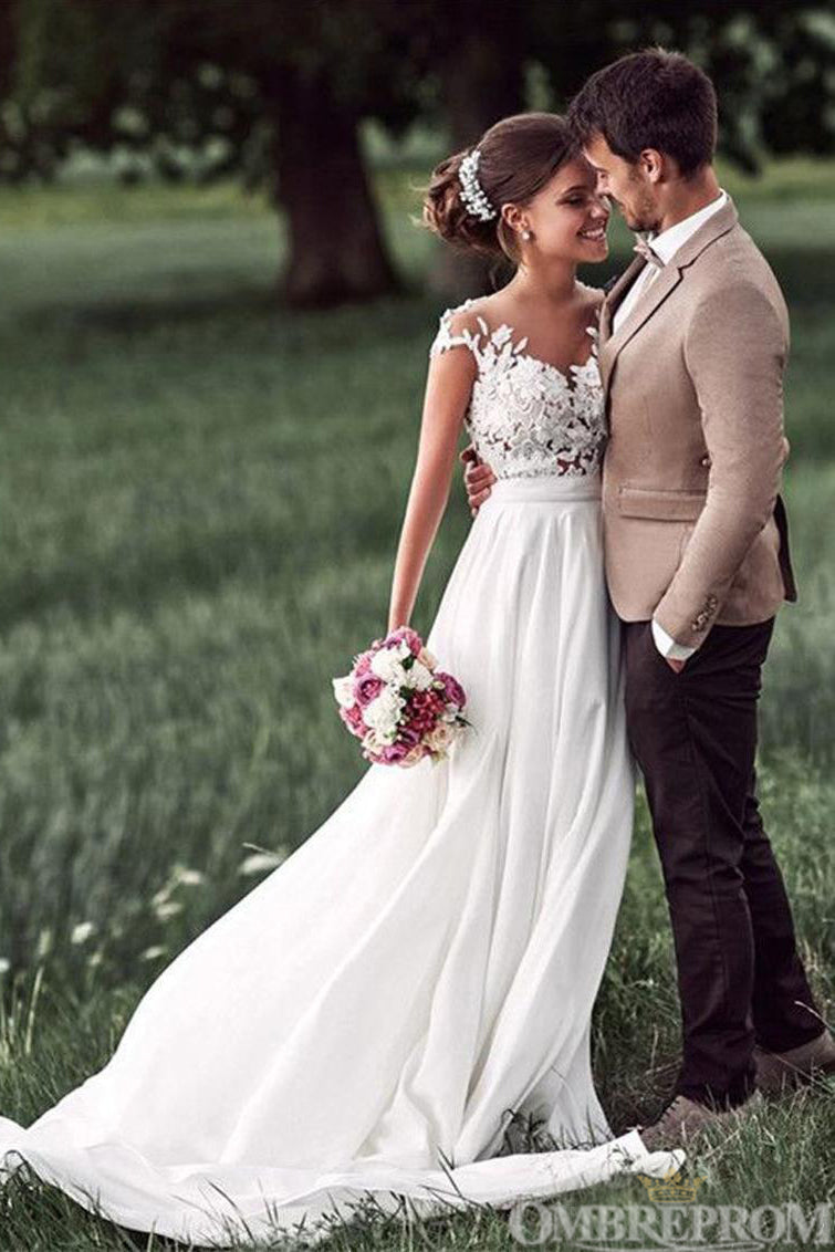Romantic Cap Sleeves Lace Bodice Split Side Chiffon Wedding Dresses